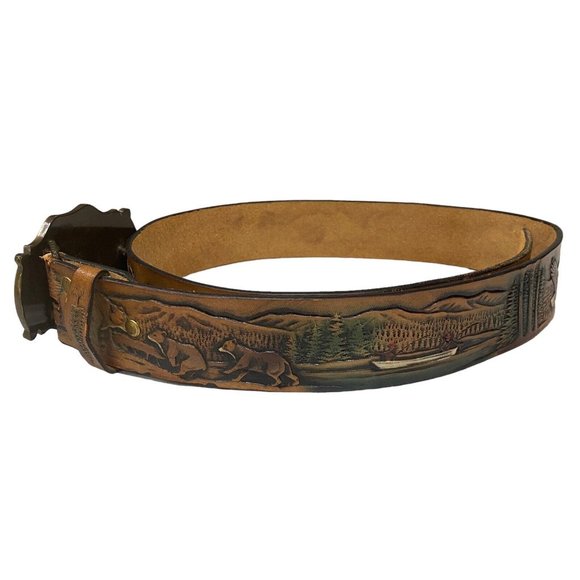 Rain Tree 1978 Gold Buckle Moose LATITAN Leather Artisan Hand Stained Belt 36 - Picture 6 of 10